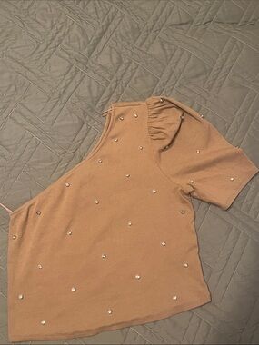 Express One Shoulder Rhinestone Studded Puff Sleeve Ribbed Crop Top Nude Tan